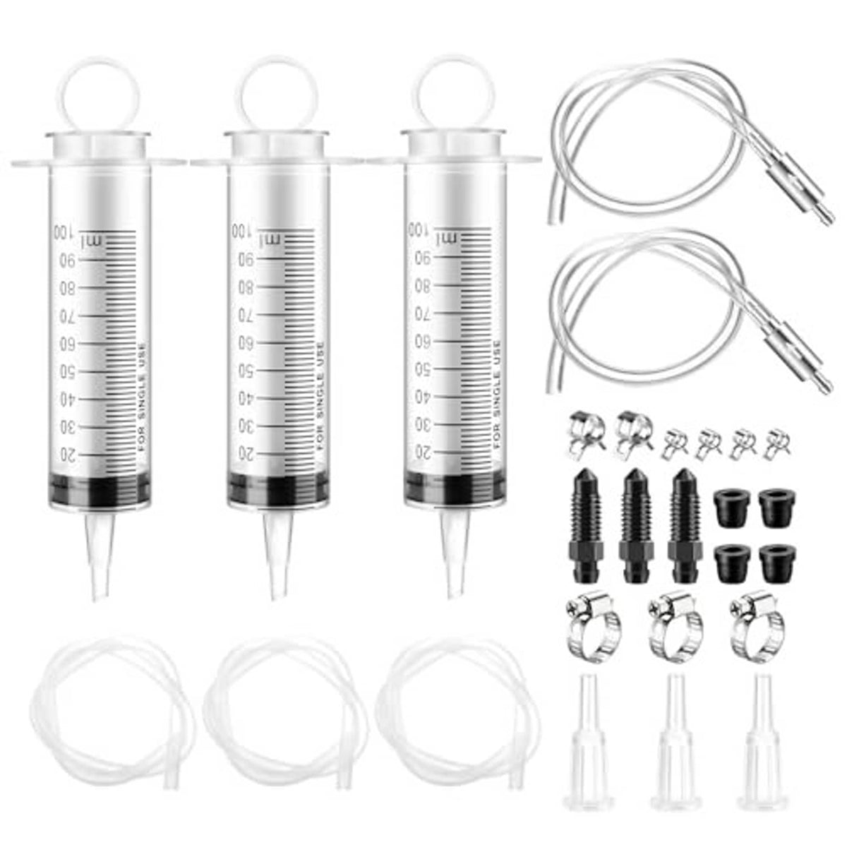Brake bleeding syringe kit: three 100ml syringes with hoses, clamps, and fittings