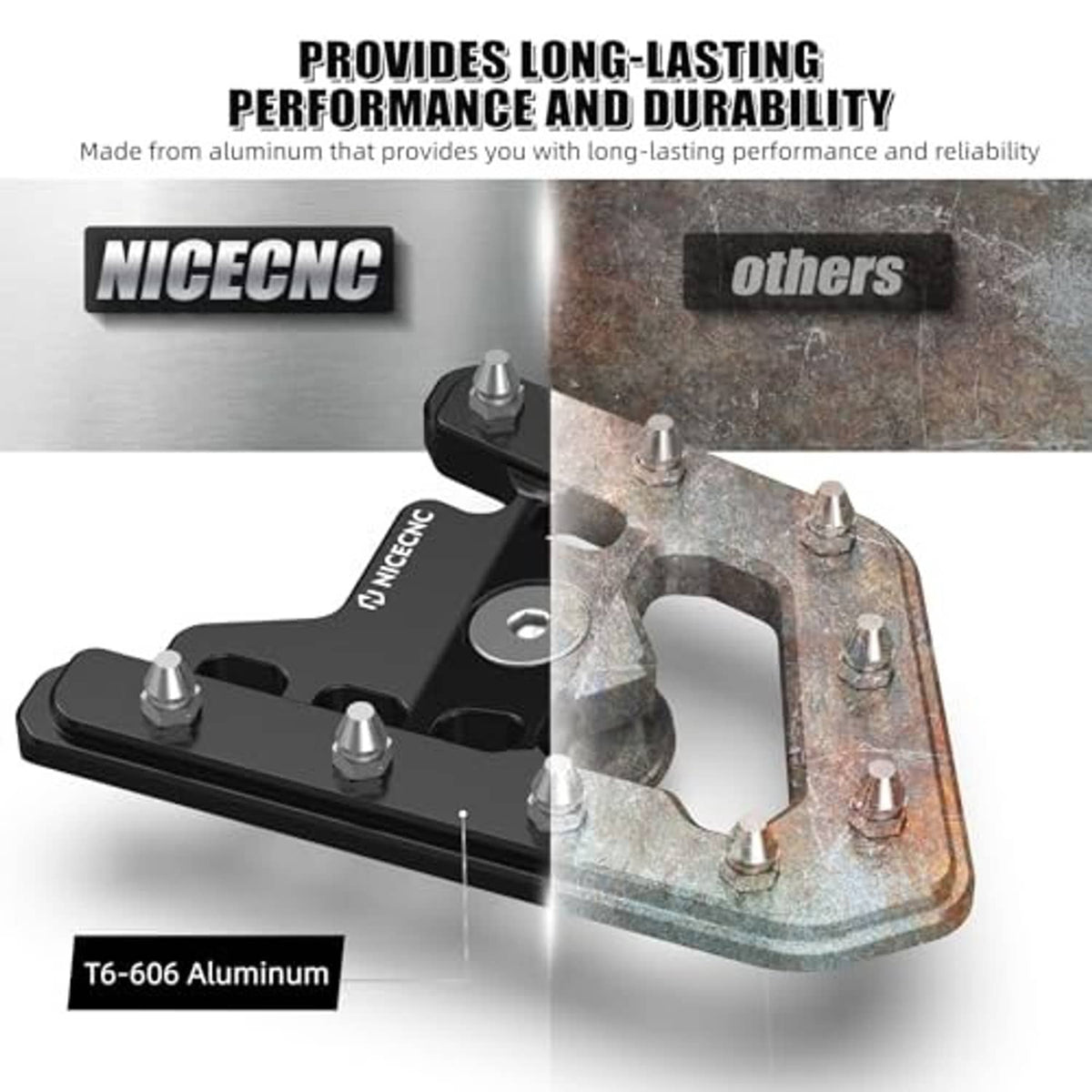 Black aluminum brake pedal extender with raised bolt heads and central fastener.