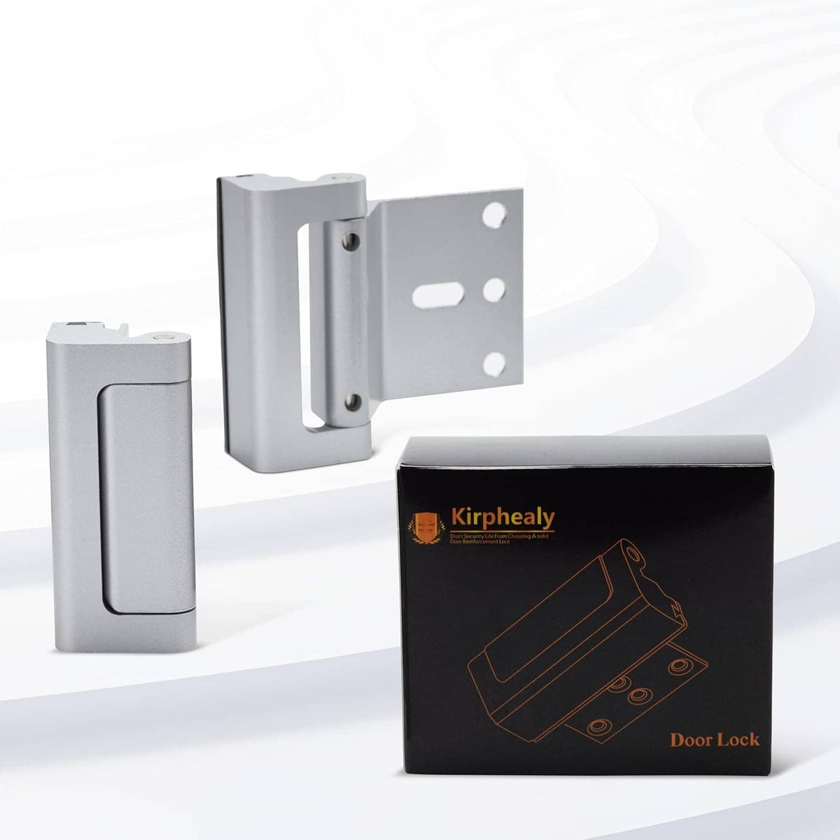 Silver door reinforcement locks with mounting bracket and product box shown together