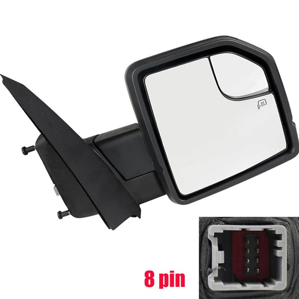 Side mirror glass with black trim and visible 8-pin connector detail