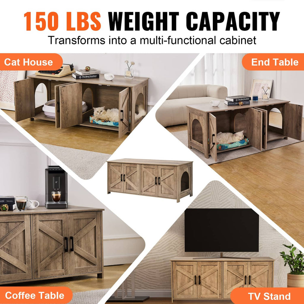 Greige wooden cat litter box enclosure cabinet with side door and multiple front-use doors