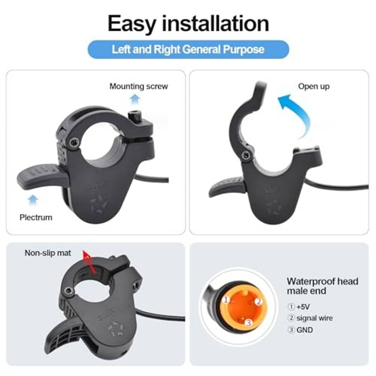 Black thumb throttle clamp with mounting screw, non-slip mat, and open housing