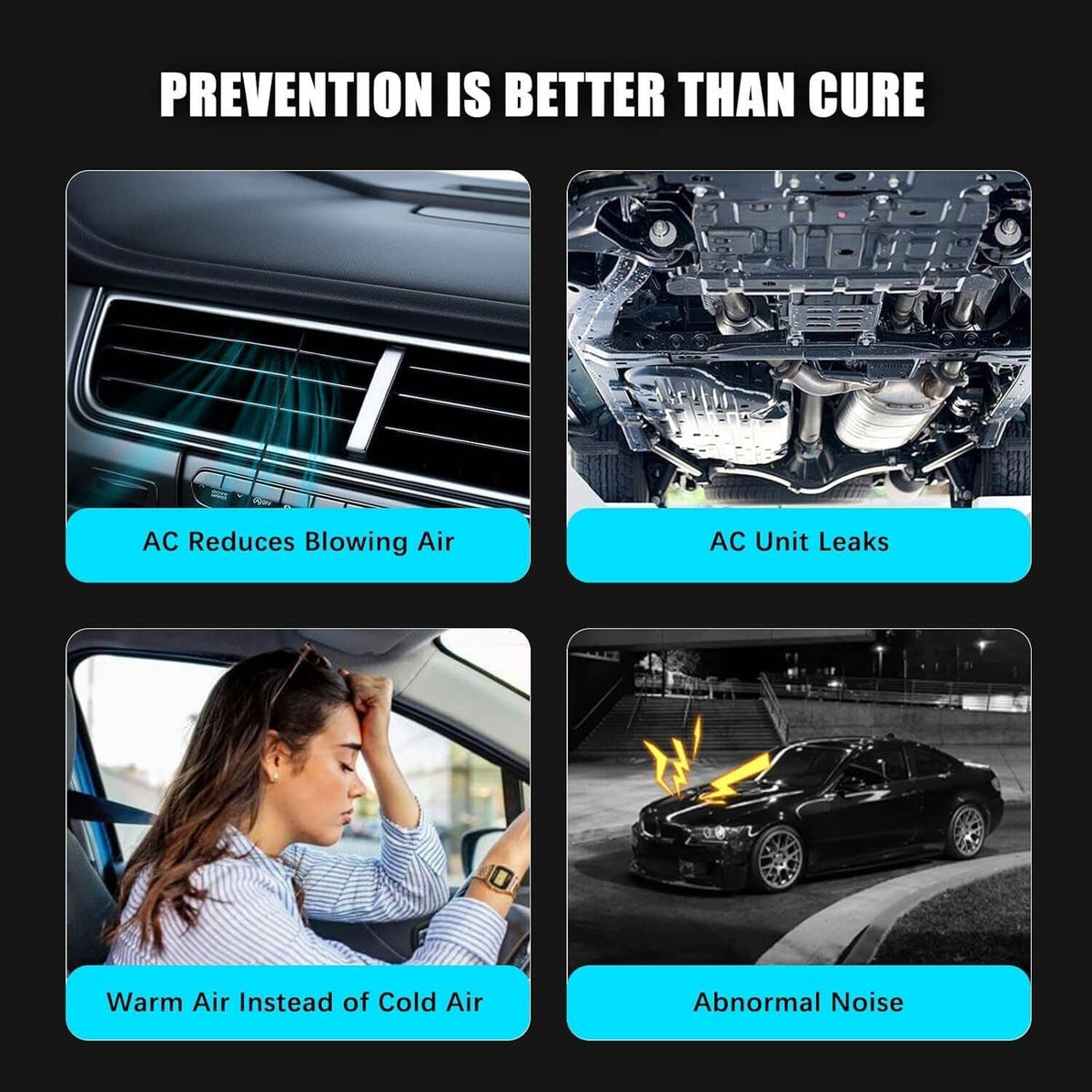 A/C compressor infographic panel with compressor-related warning icons and vehicle scenes