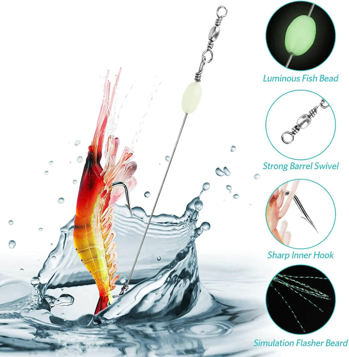 Soft shrimp lure bait with luminous fish bead, swivel, and inner hook detail