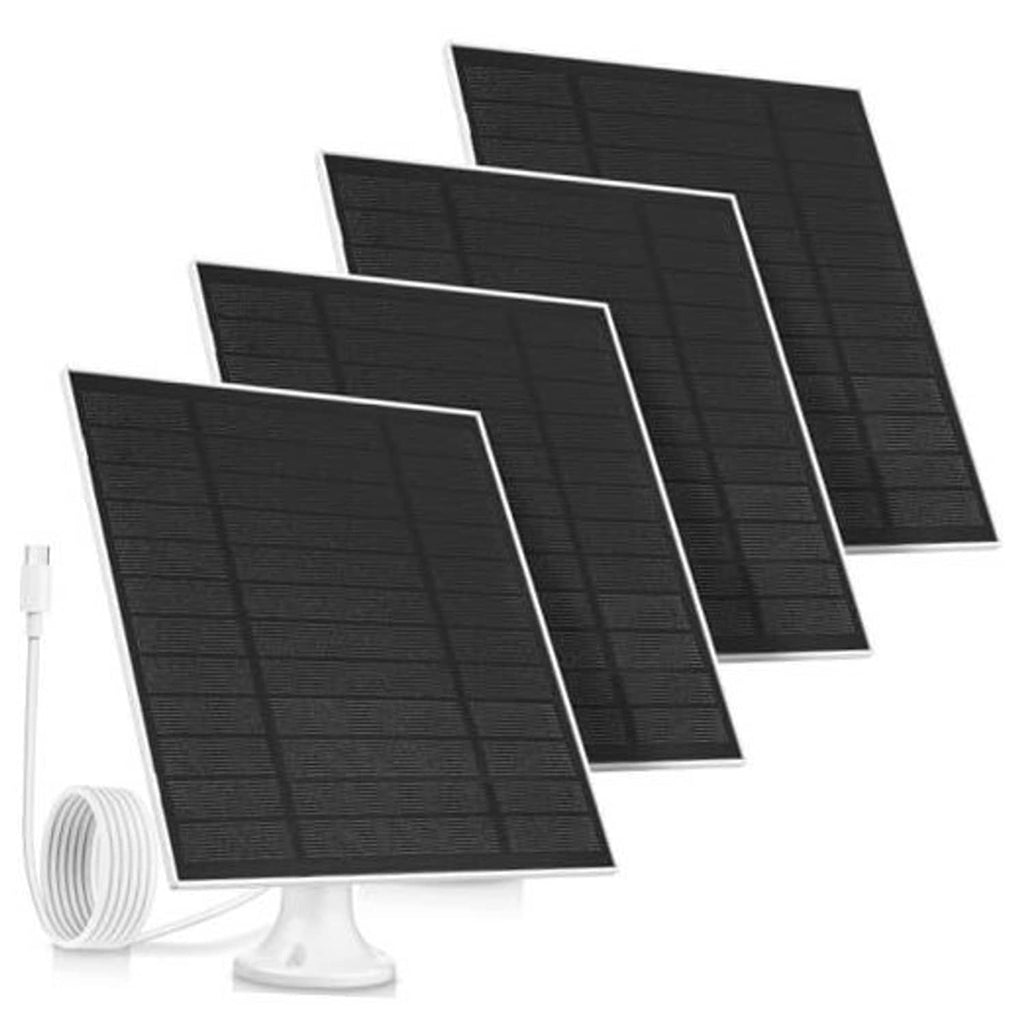 Set of four black flexible solar panels on white stands with coiled cable
