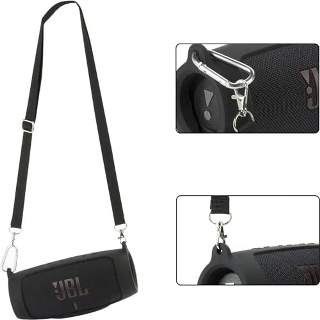Black shoulder strap for JBL Charge 5 speaker case with metal snap hook and loop.