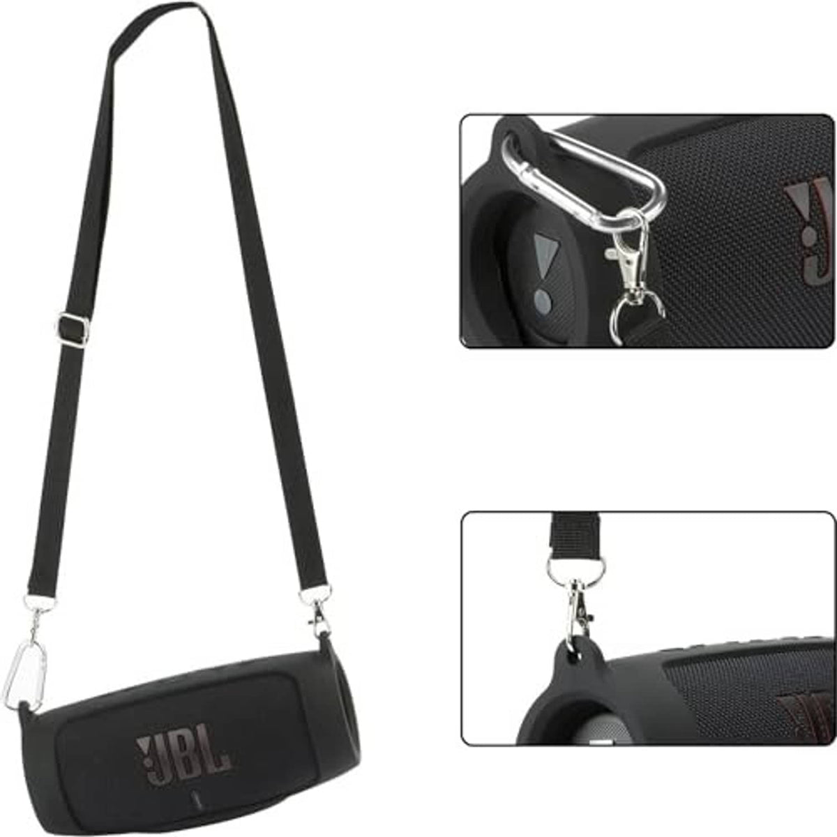 Black shoulder strap for JBL Charge 5 speaker case with metal snap hook and loop.