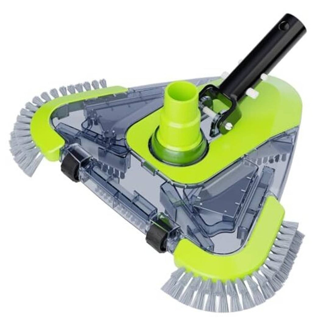 Pool vacuum head with wheels, side brushes, clear body and green accents.