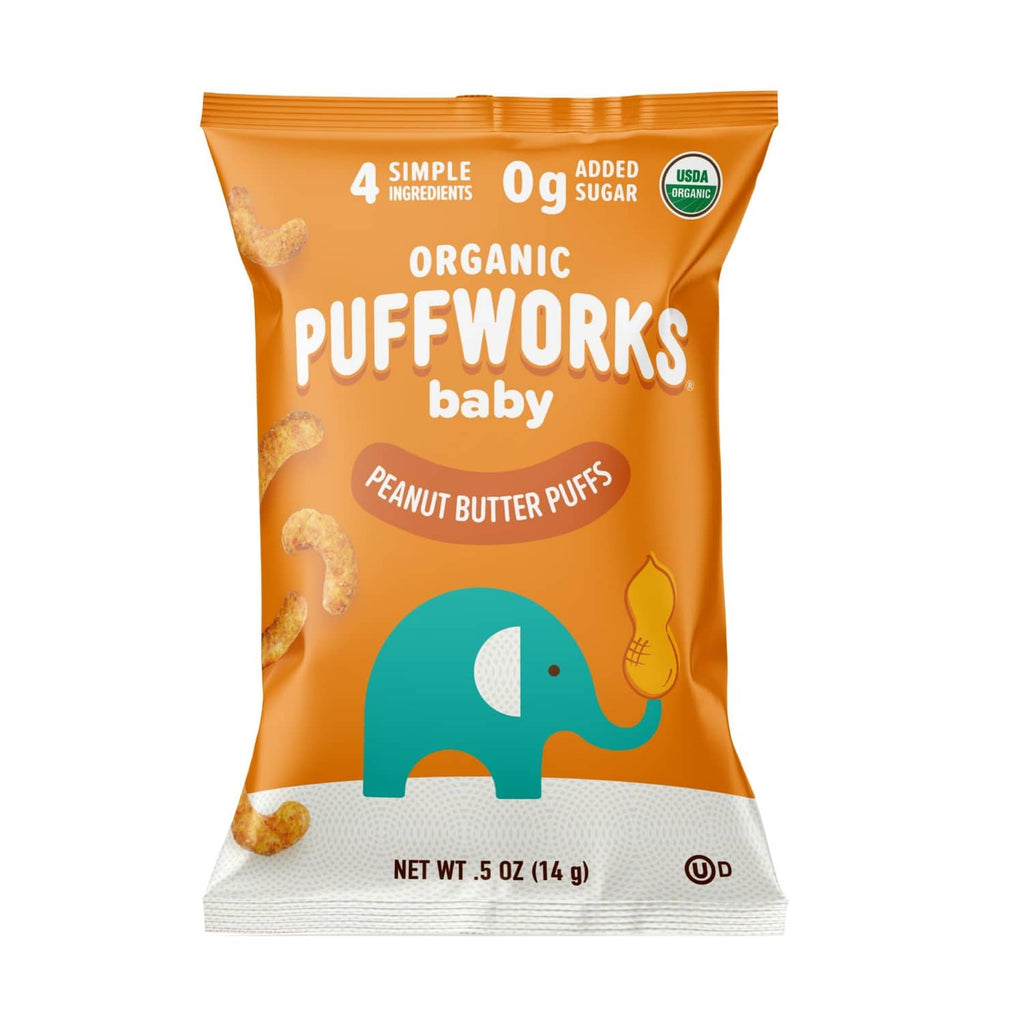 Orange Puffworks baby peanut butter puff snack pouch, 0g added sugar, USDA organic