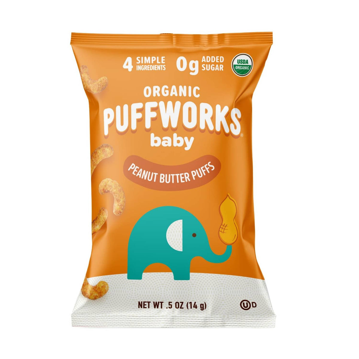 Orange Puffworks baby peanut butter puff snack pouch, 0g added sugar, USDA organic