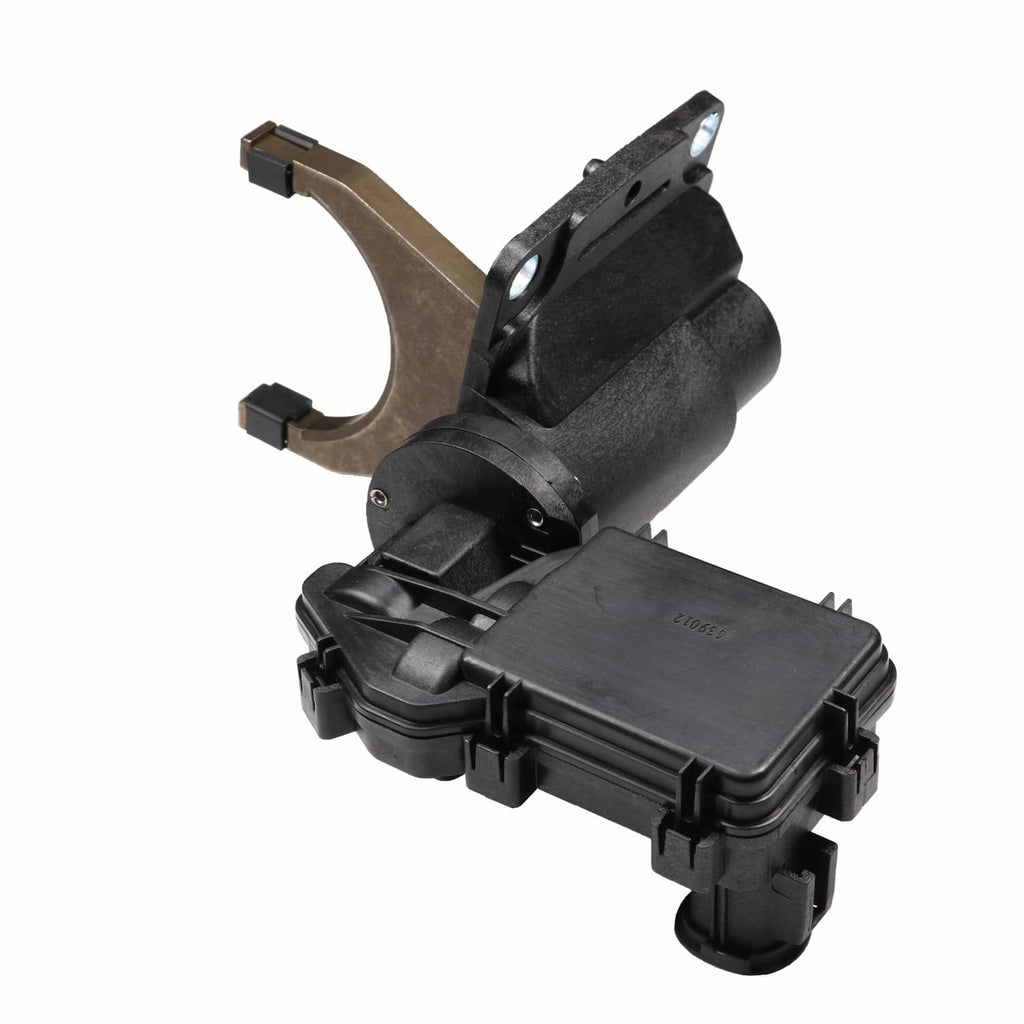 4WD front axle disconnect actuator fork with black plastic housing and metal brackets