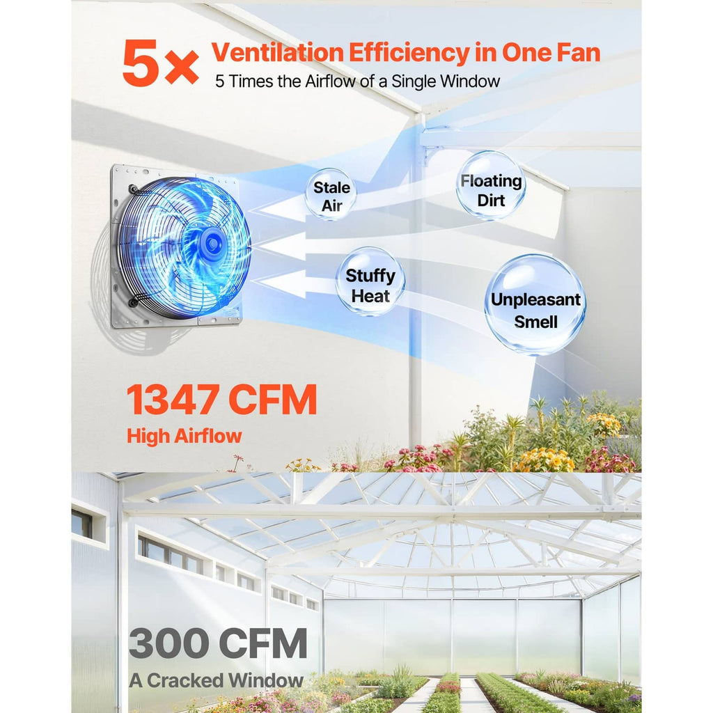 Wall exhaust fan with airflow arrows diagram, silver louvered vent