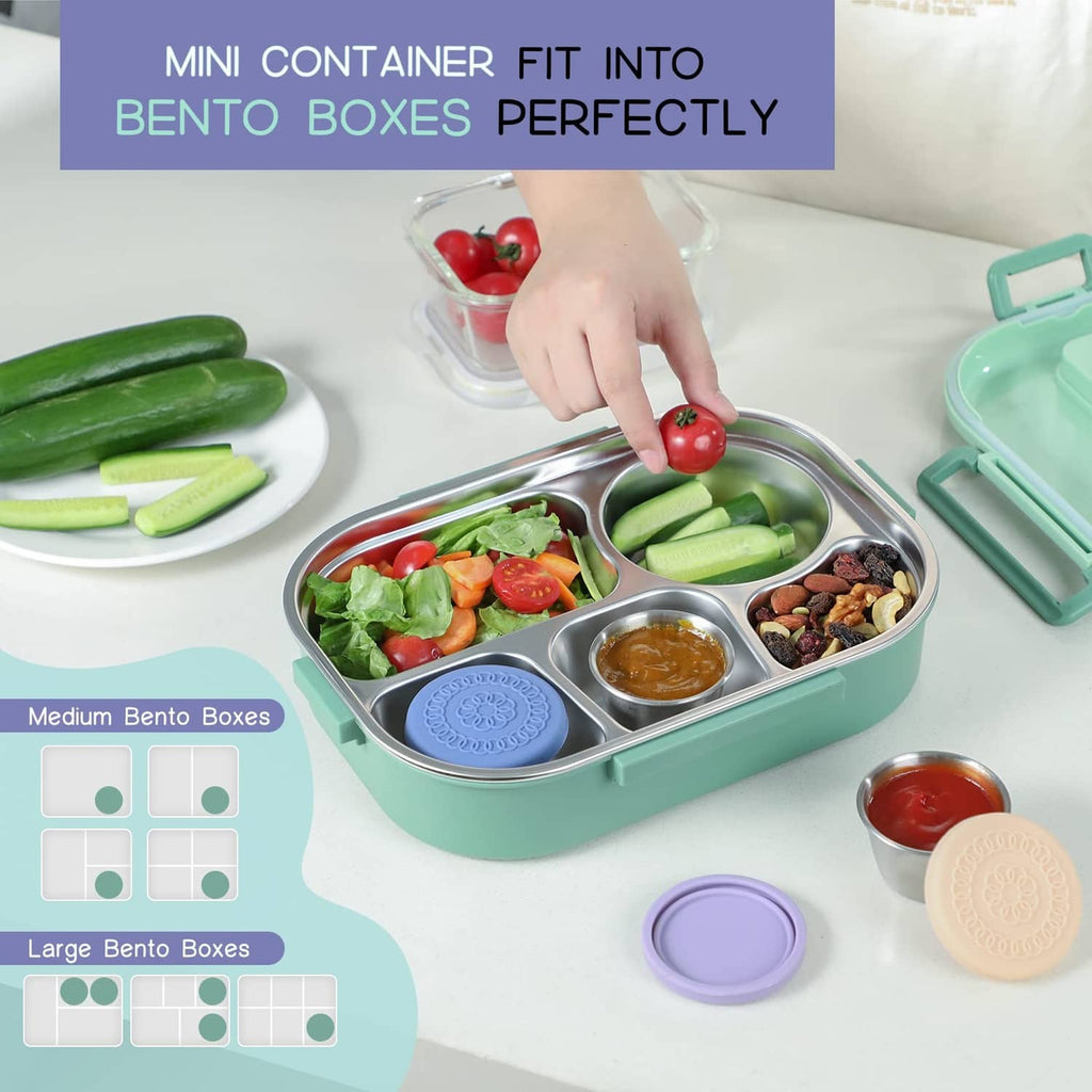 Small salad dressing container that fits into bento lunch boxes, stainless steel cup and lid
