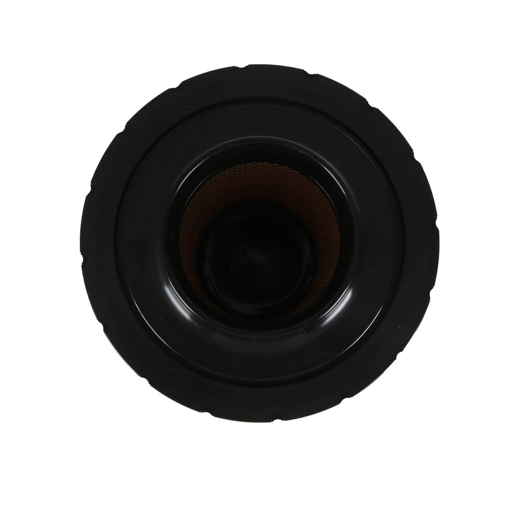 Air filter end cap with central intake opening and dark inner mesh