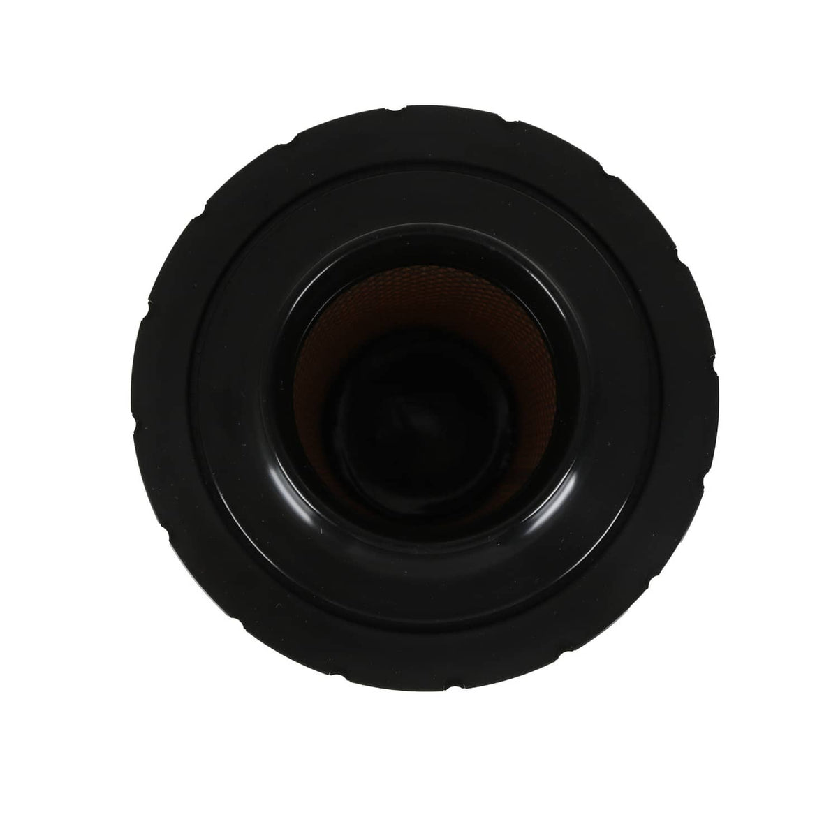 Air filter end cap with central intake opening and dark inner mesh