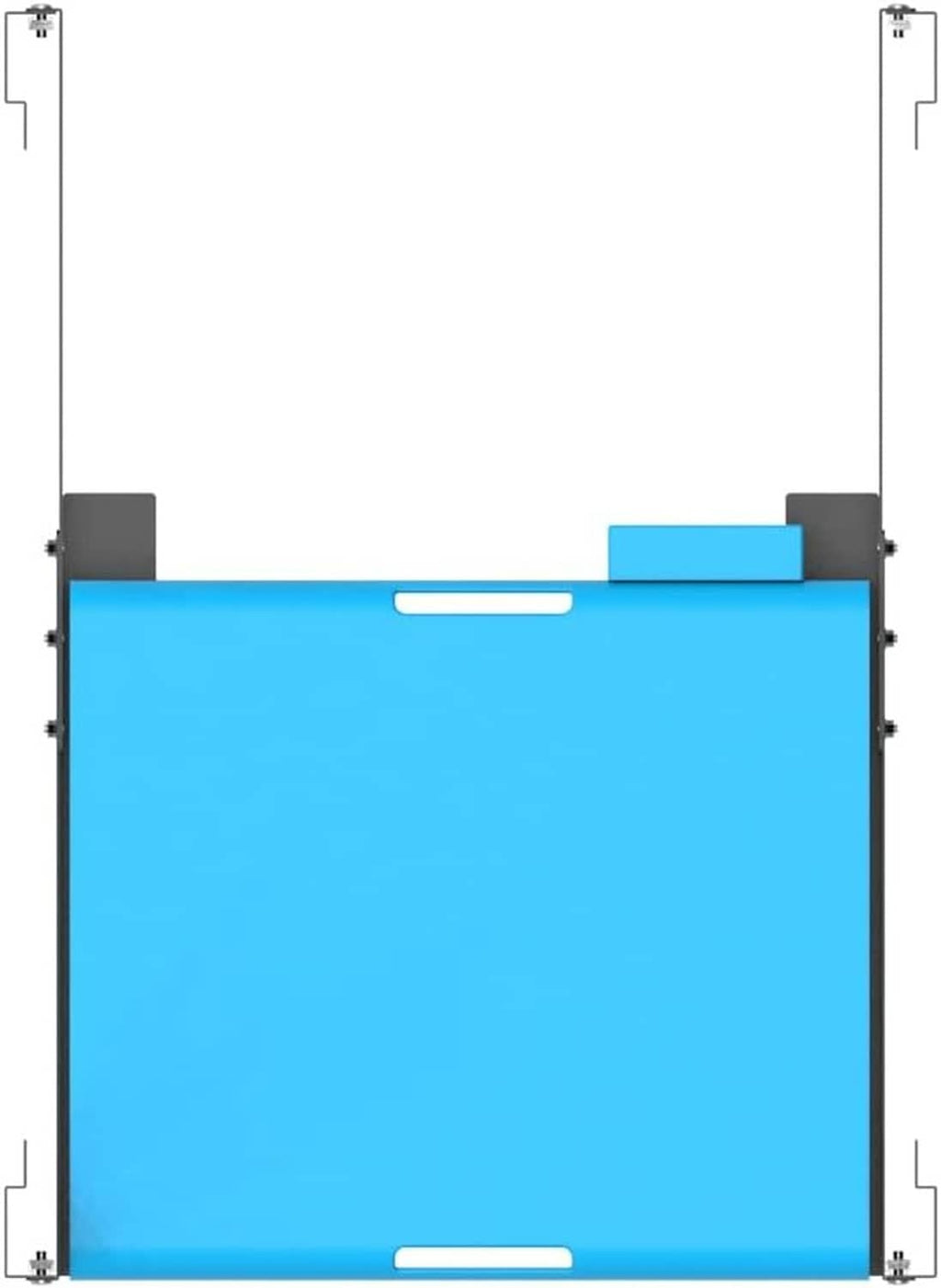 Rack mount rail brackets secured to a blue shelf panel on server rack posts