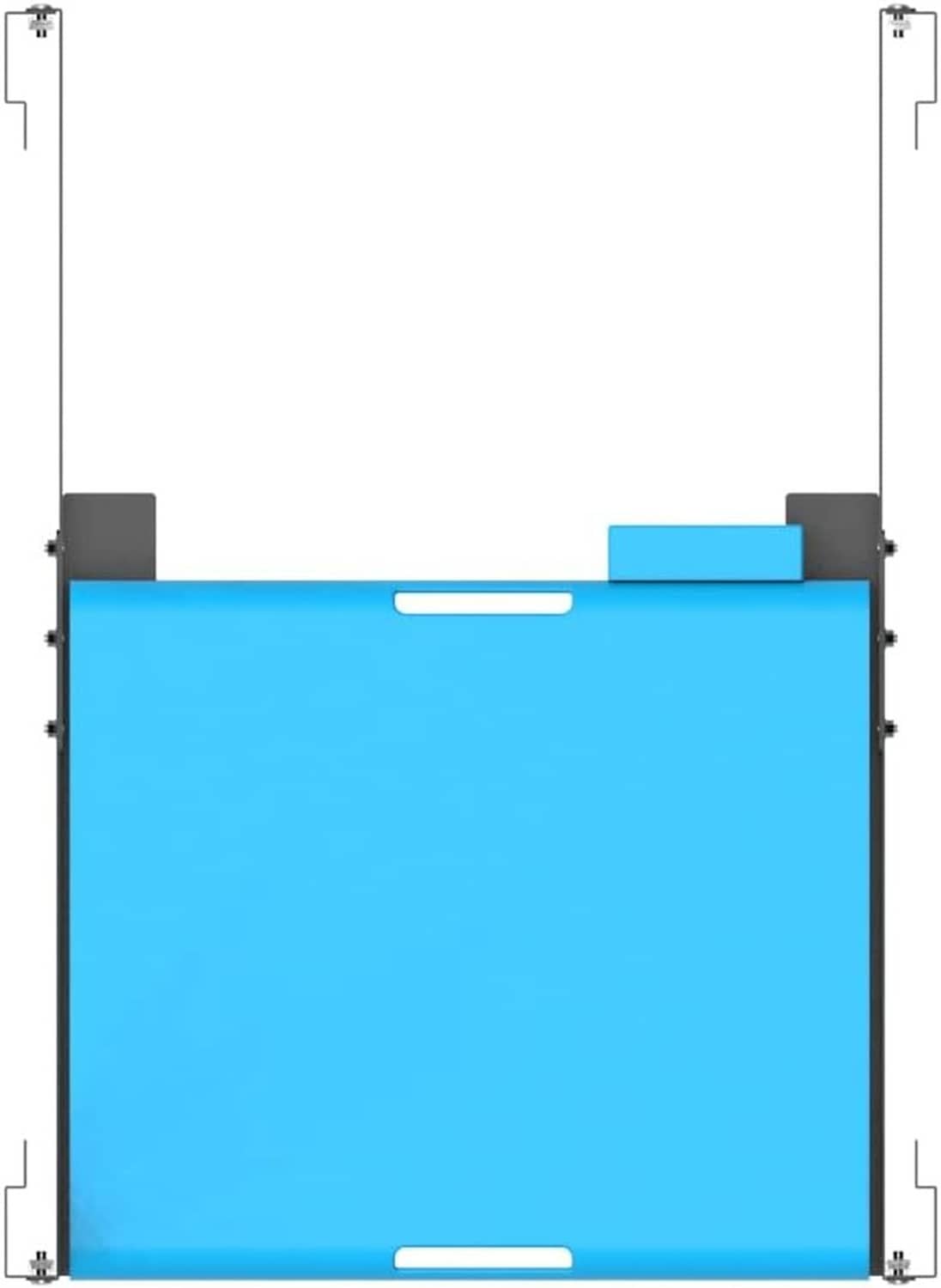 Rack mount rail brackets secured to a blue shelf panel on server rack posts