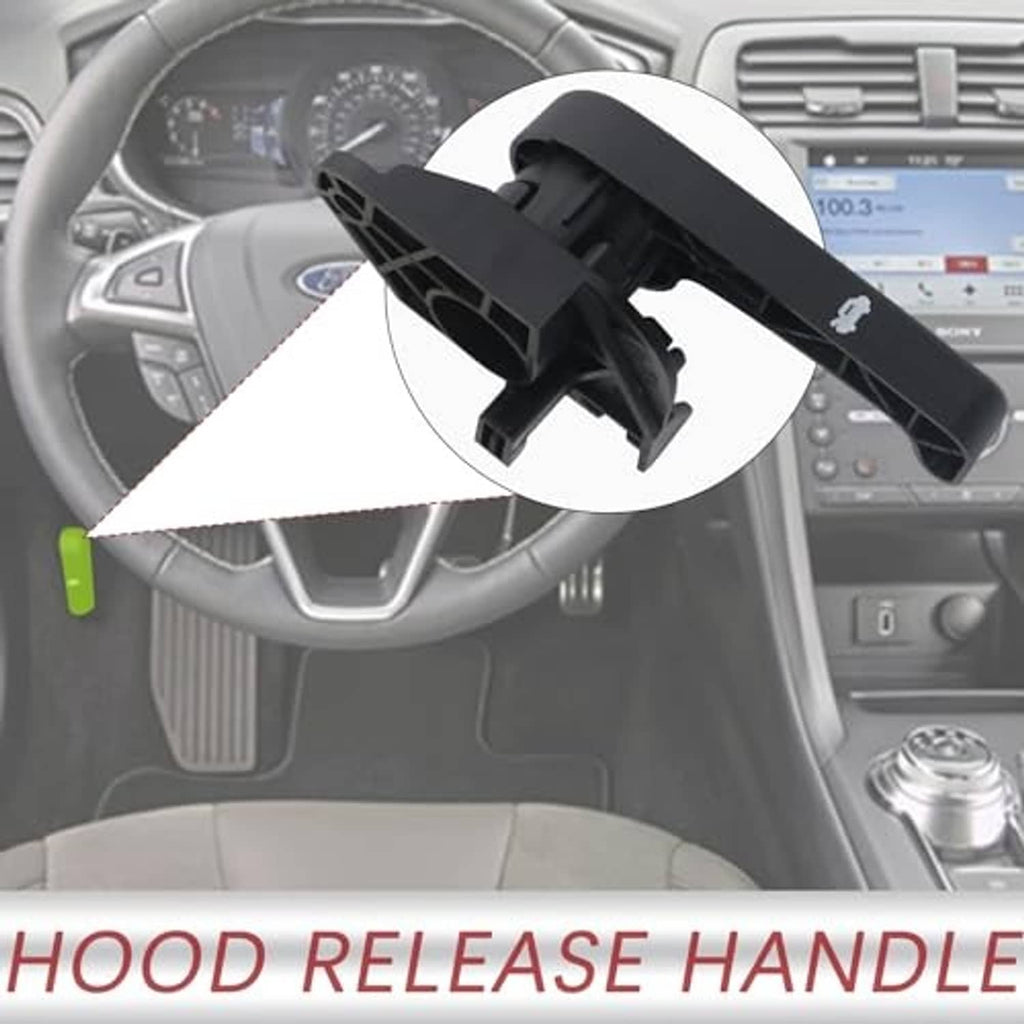 Black hood latch release handle assembly shown at interior dash area