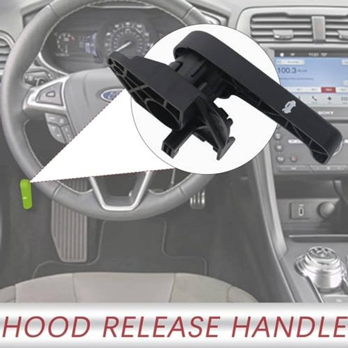 Black hood latch release handle assembly shown at interior dash area