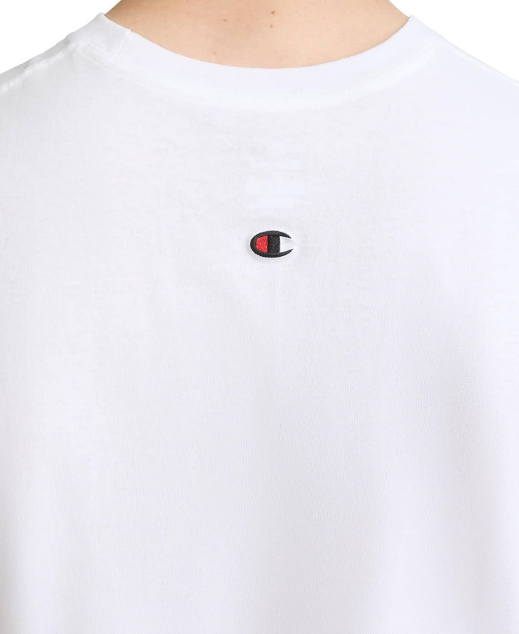 White muscle tee with small Champion emblem near back neckline