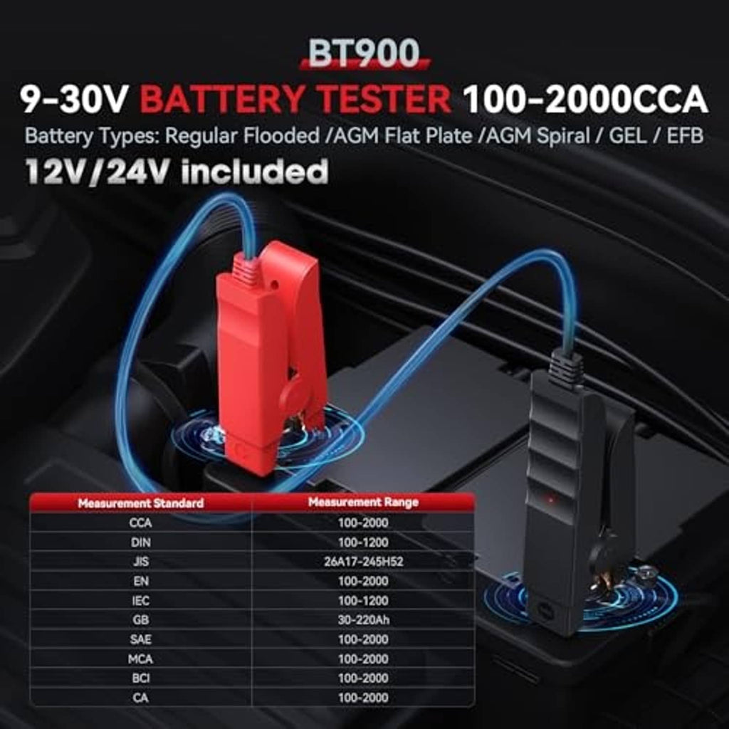 Red and black battery tester clips connected to a car battery
