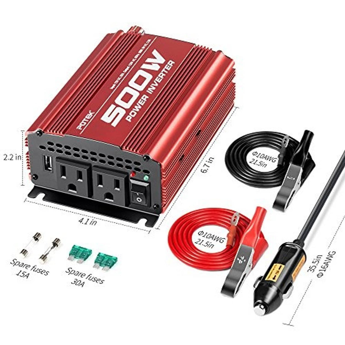 Red Potek 500W car power inverter kit with AC outlets, cables, and spare fuses