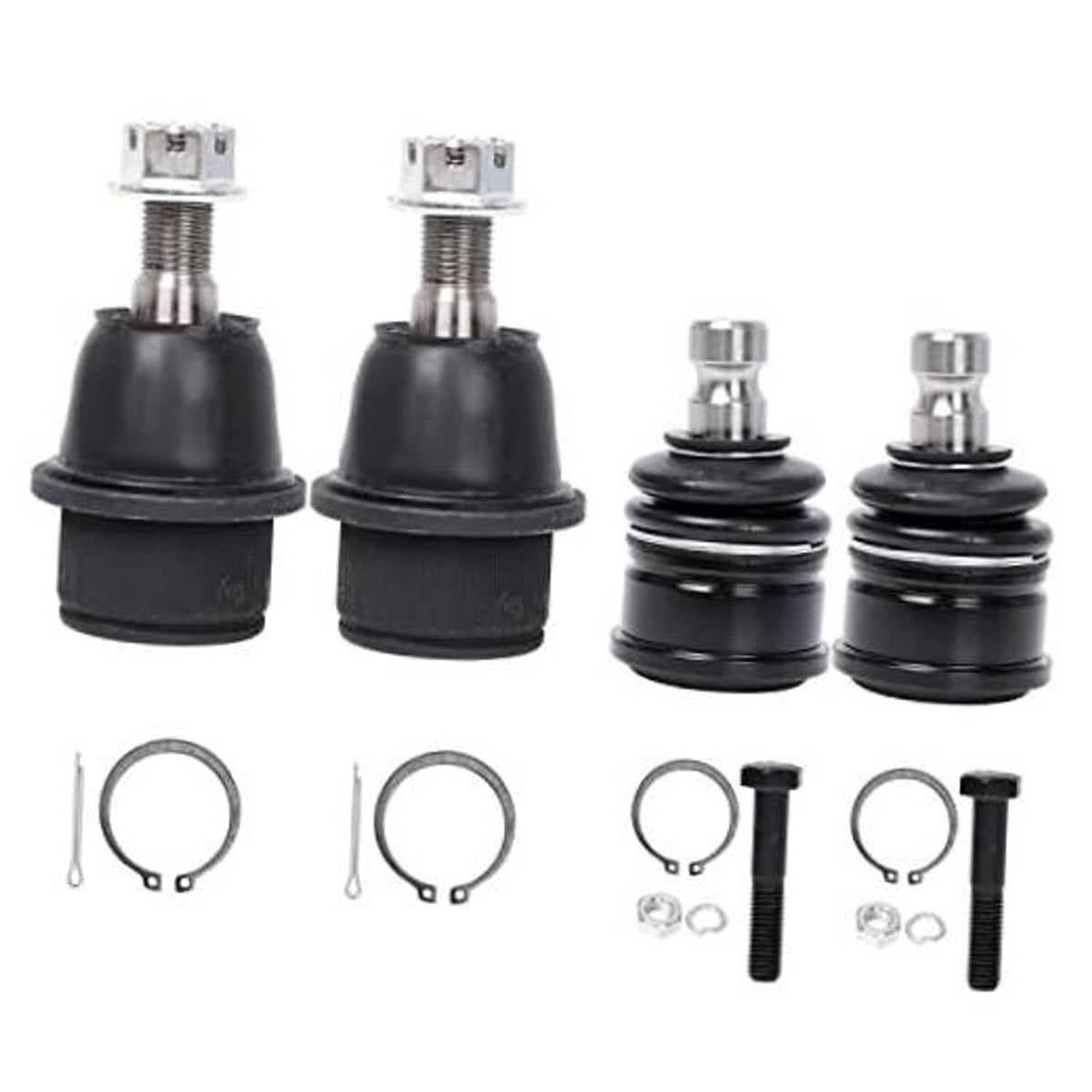 Front ball joint replacement set with black rubber boots, metal studs, and clips