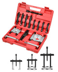 Red bearing separator puller set in a molded case with jaw splitters and lead screw