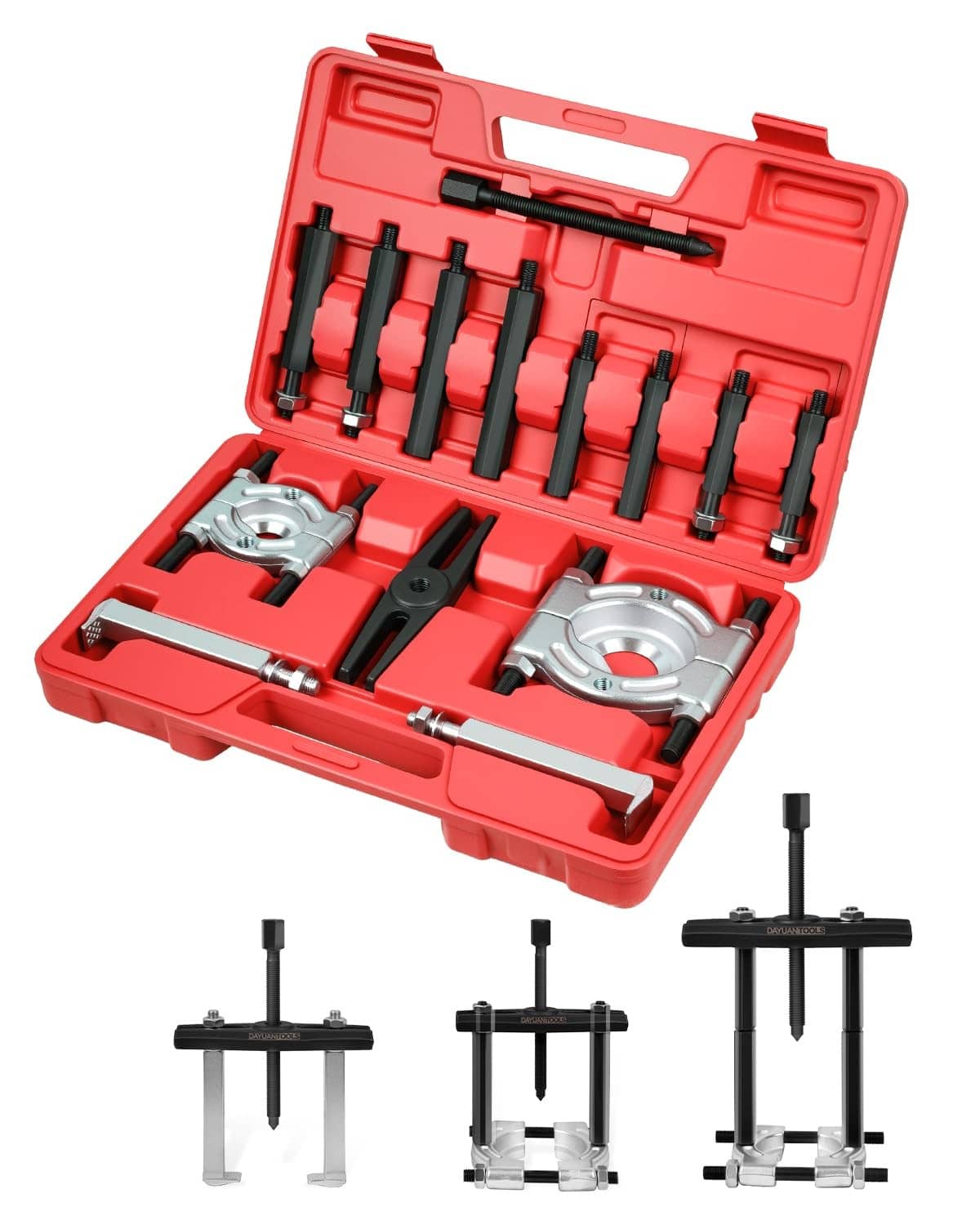 Red bearing separator puller set in a molded case with jaw splitters and lead screw
