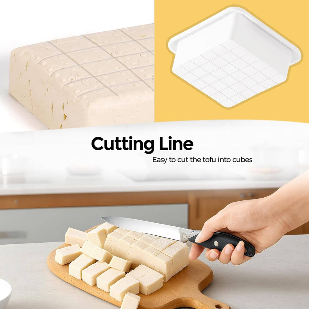 Tofu press and tofu cubes; hand holds knife cutting along a grid-lined cutting board.