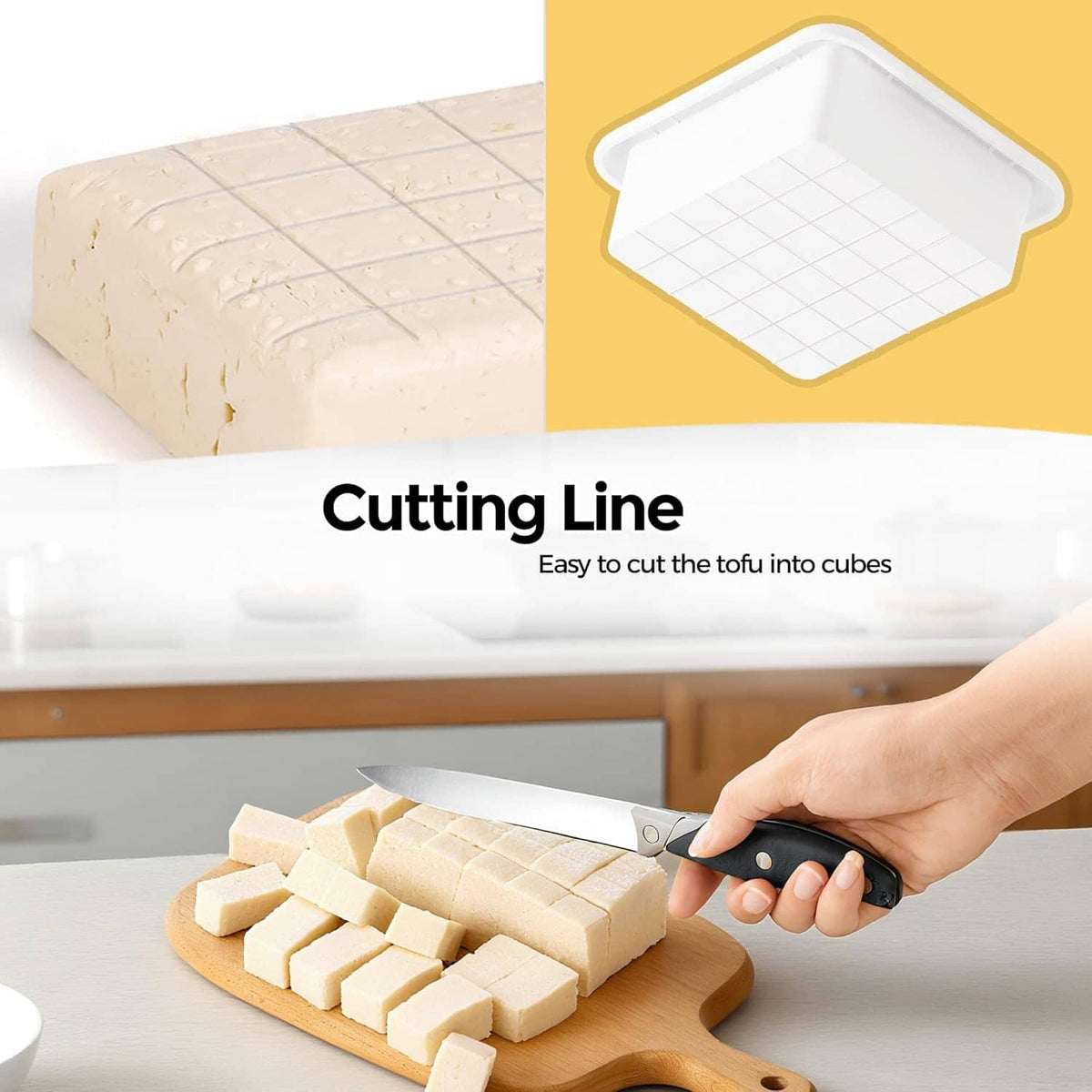 Tofu press and tofu cubes; hand holds knife cutting along a grid-lined cutting board.