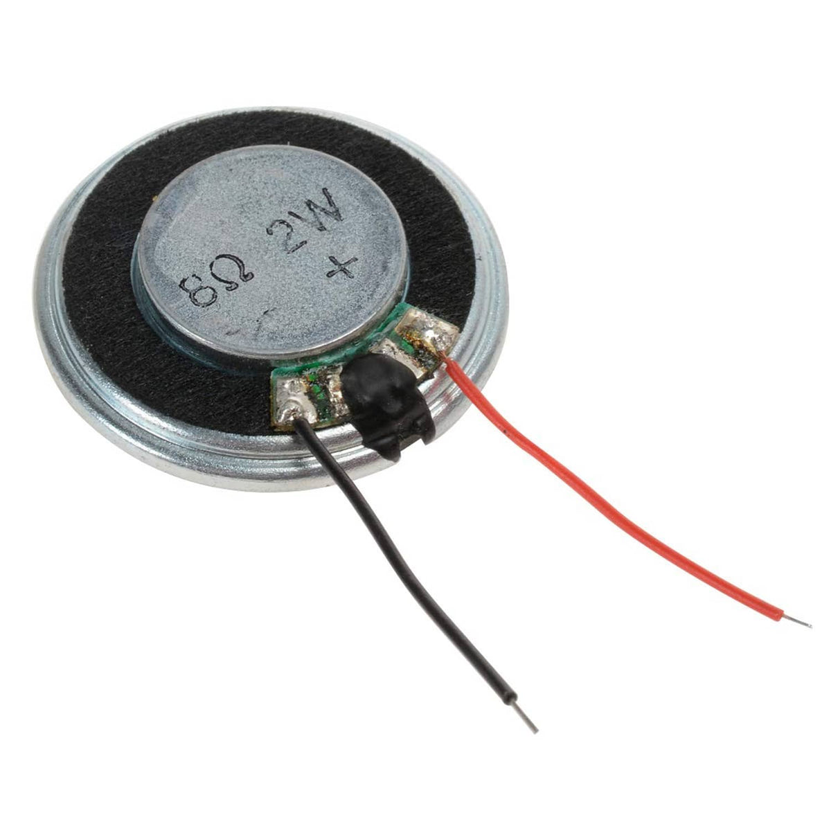 28mm micro speaker driver, showing metal back plate and red/black lead wires