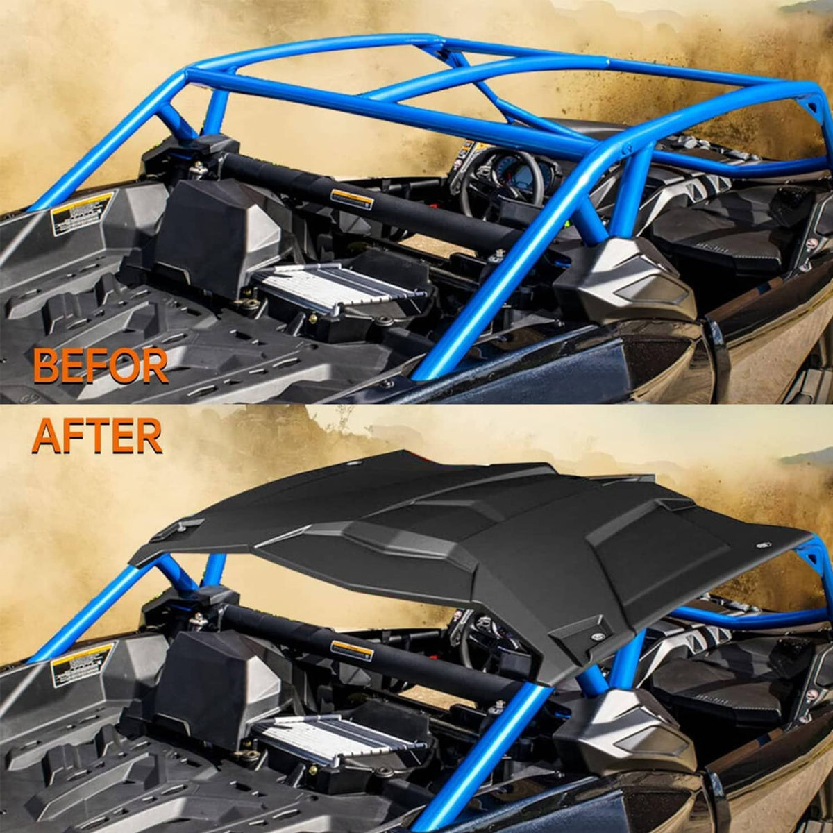Black roof panel installed on UTV cab in before-and-after comparison layout
