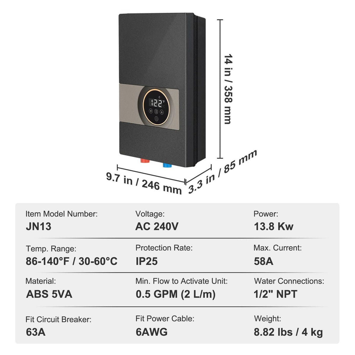 Electric tankless water heater with LED display and side dimensions, 9.7 in height