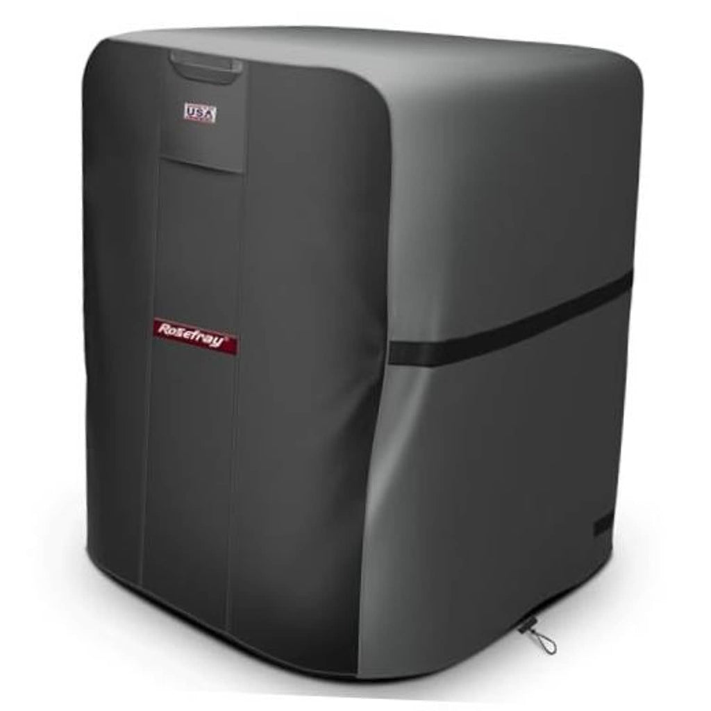 Waterproof gray-and-black air conditioner cover with front flap and secure cord