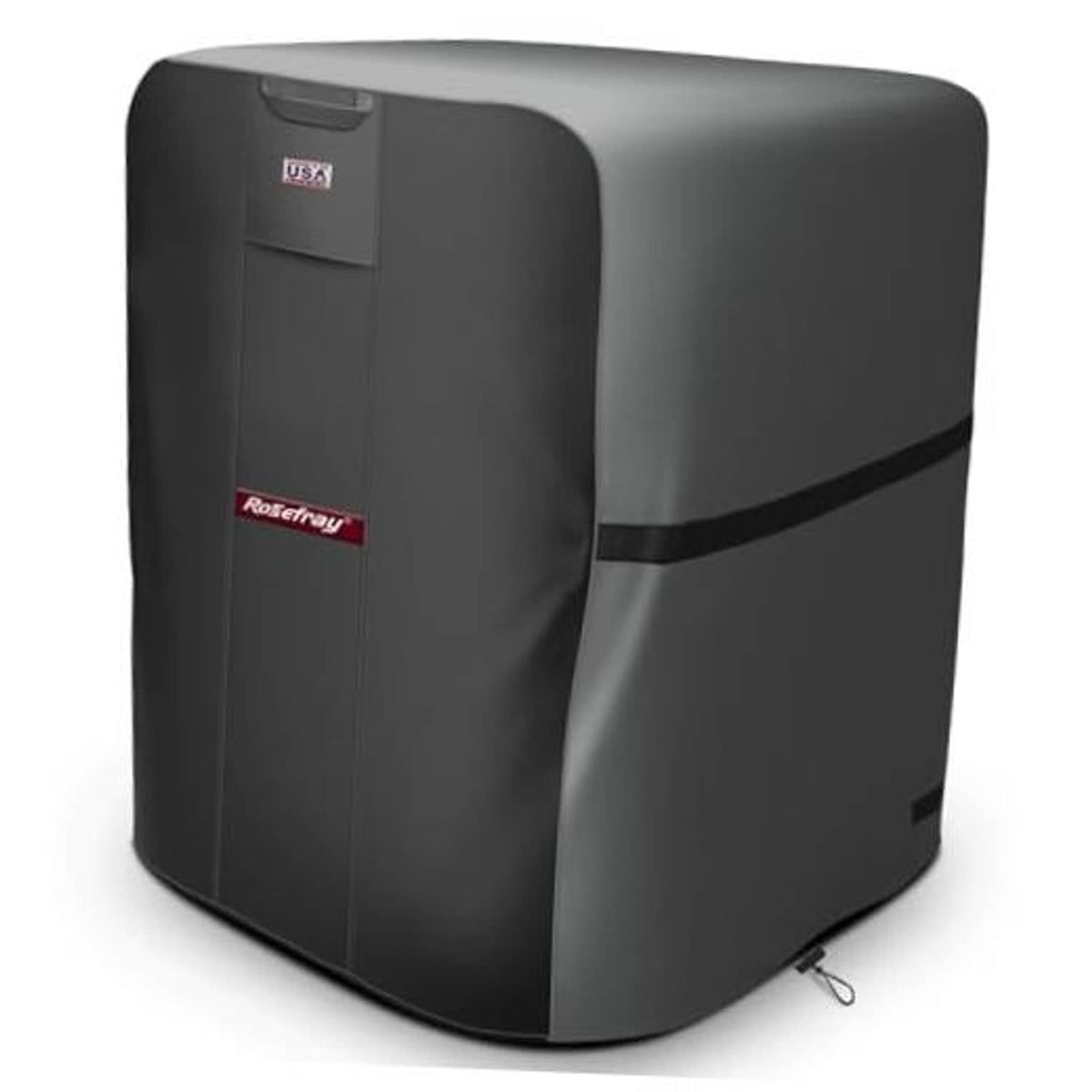 Waterproof gray-and-black air conditioner cover with front flap and secure cord