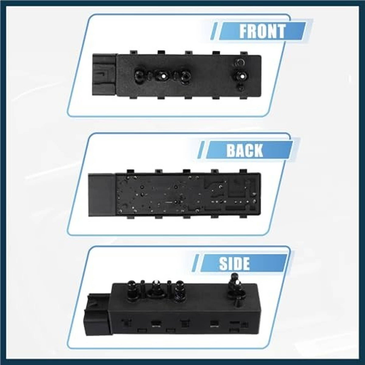 Power seat switch control module with views from front, back, and side