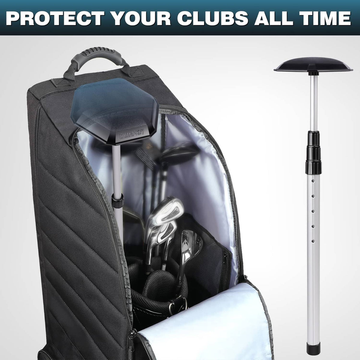 Golf travel bag support rod propping up clubs inside a bag with black head cover