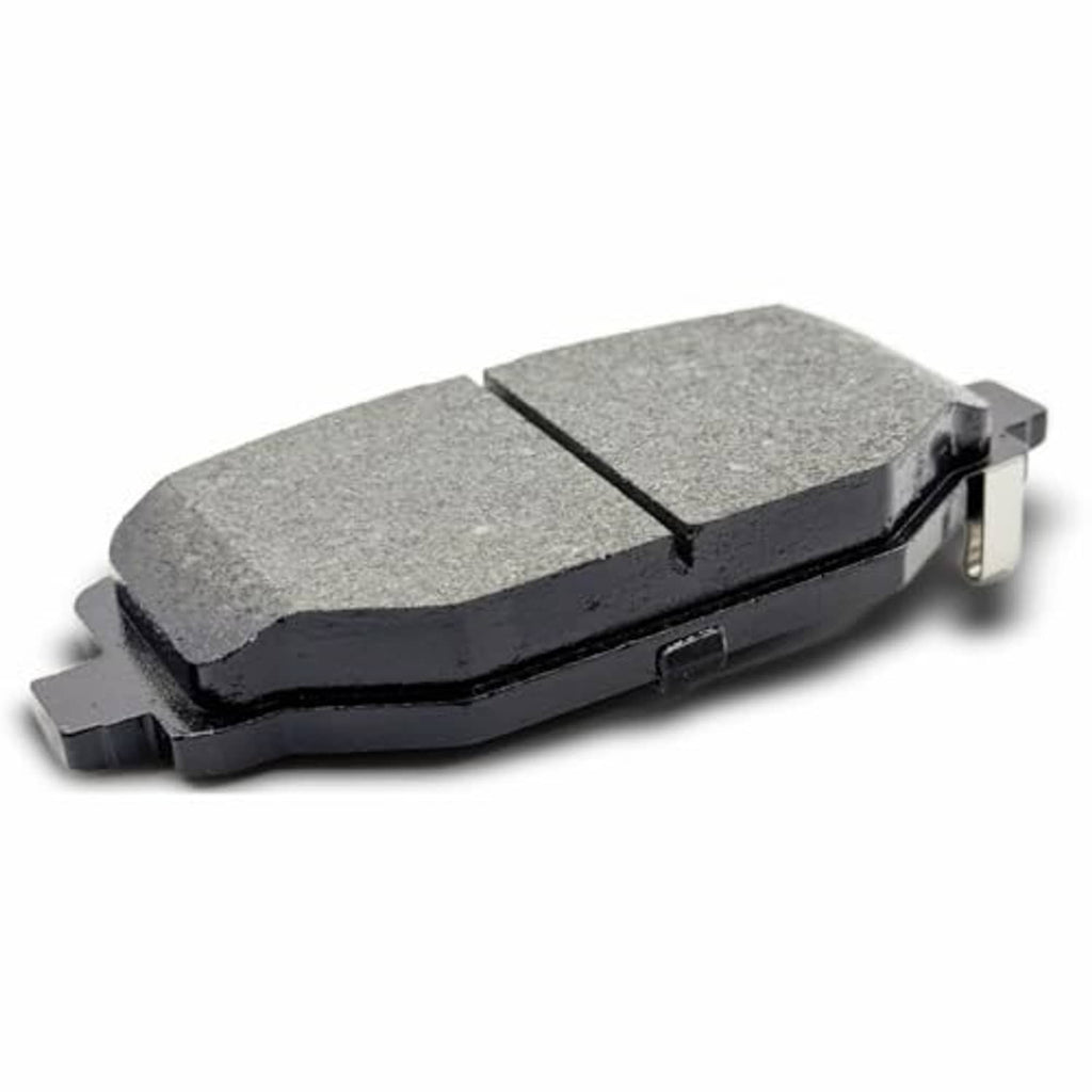 Ceramic brake pad with gray friction face and black backing, side view with mounting slot