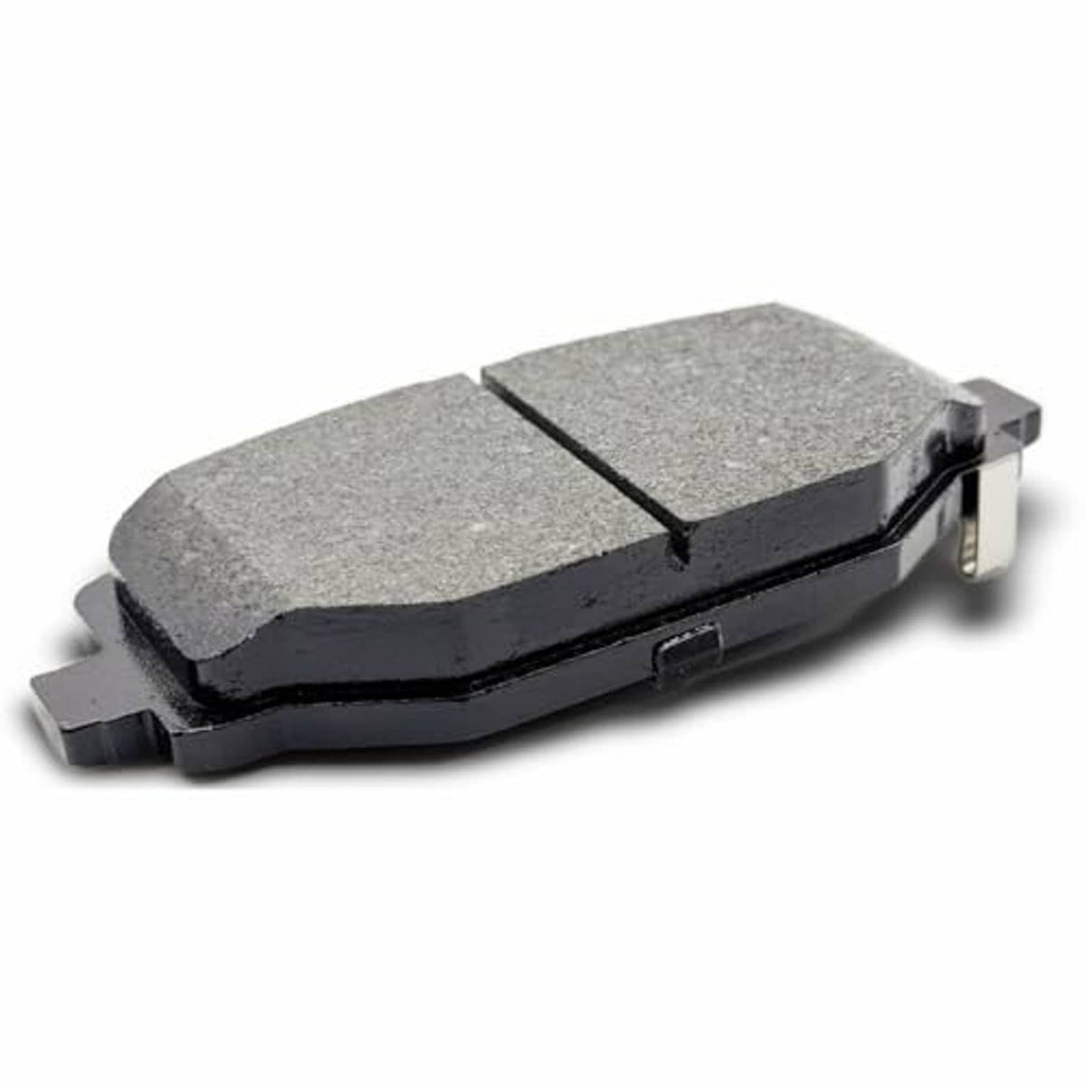 Ceramic brake pad with gray friction face and black backing, side view with mounting slot