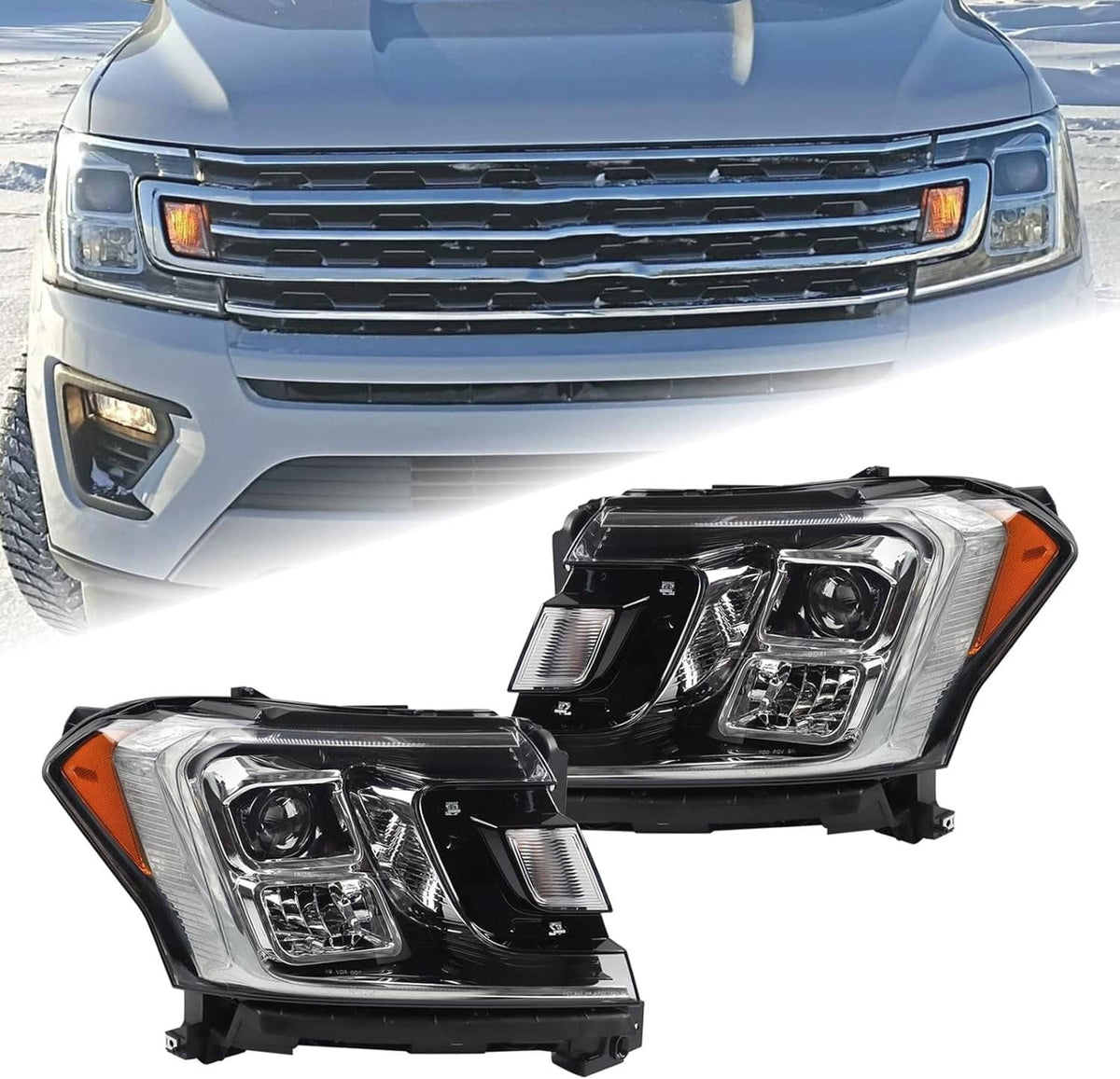 Pair of black headlight assemblies with clear lenses and amber turn signal markers