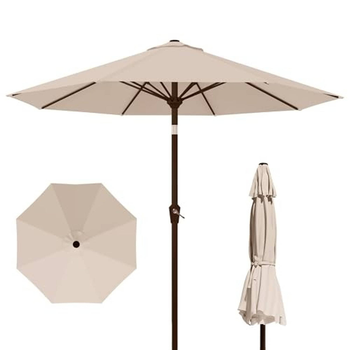 Beige round patio market umbrella with open canopy; matching folded umbrella beside it