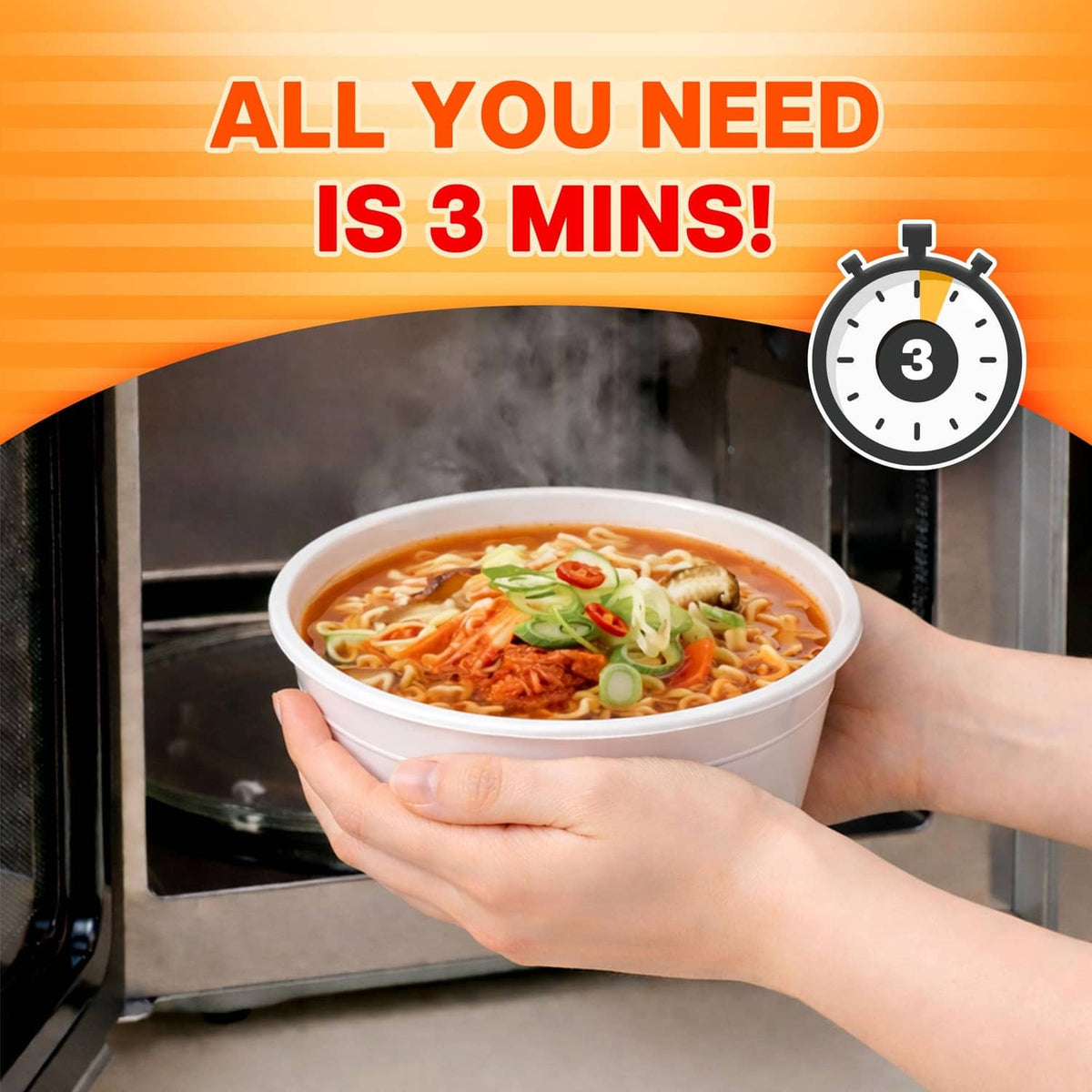 Instant ramen bowl held near oven, ready to microwave and cook