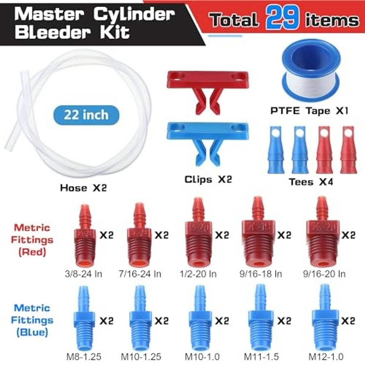 Master cylinder bleeder kit components: hose, clips, tees, red/blue metric and SAE fittings