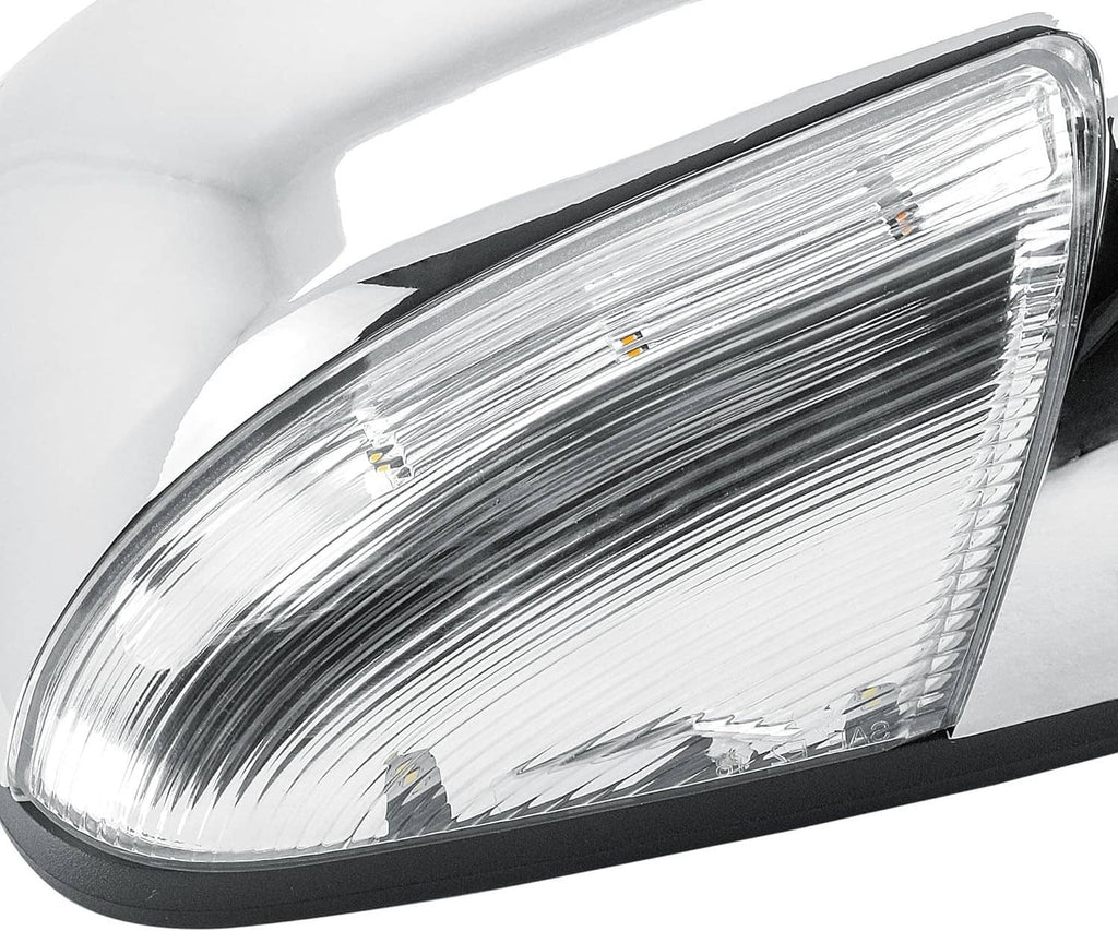 Chrome right side mirror with clear LED signal lens, ridged glass