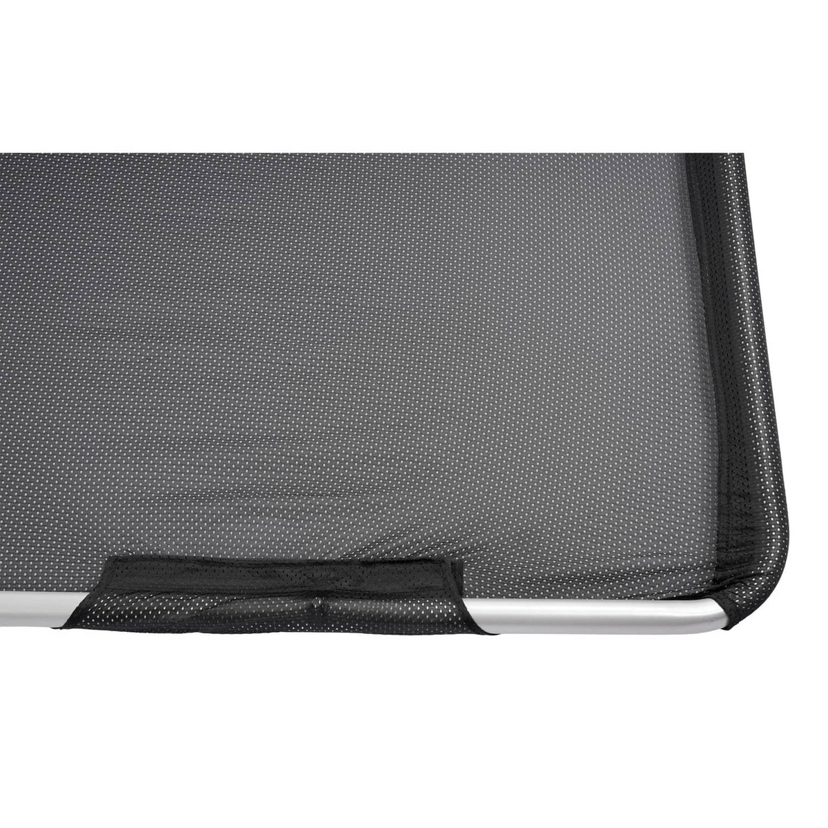 Boat sun shade fabric edge with black trim and silver frame support tube
