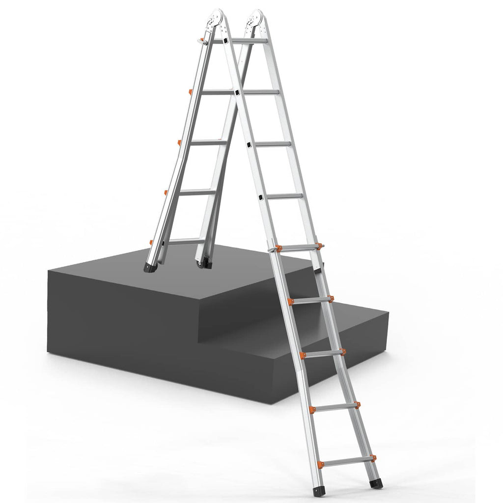 Telescoping A-frame extension ladder resting on platform, orange rungs, silver-gray frame
