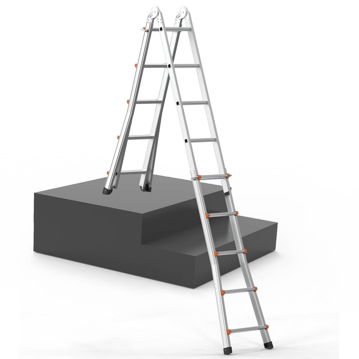 Telescoping A-frame extension ladder resting on platform, orange rungs, silver-gray frame