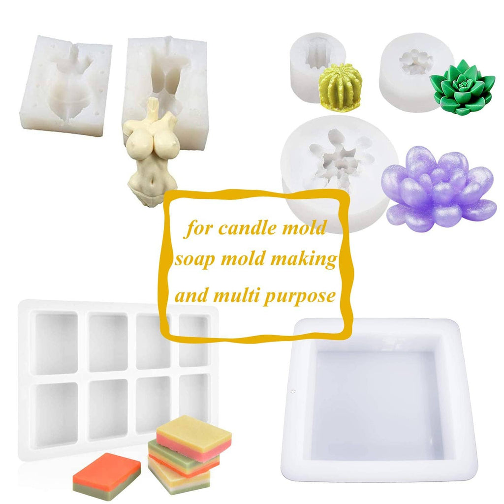 White silicone molds for candle and soap making, plus resin-style decorative shapes