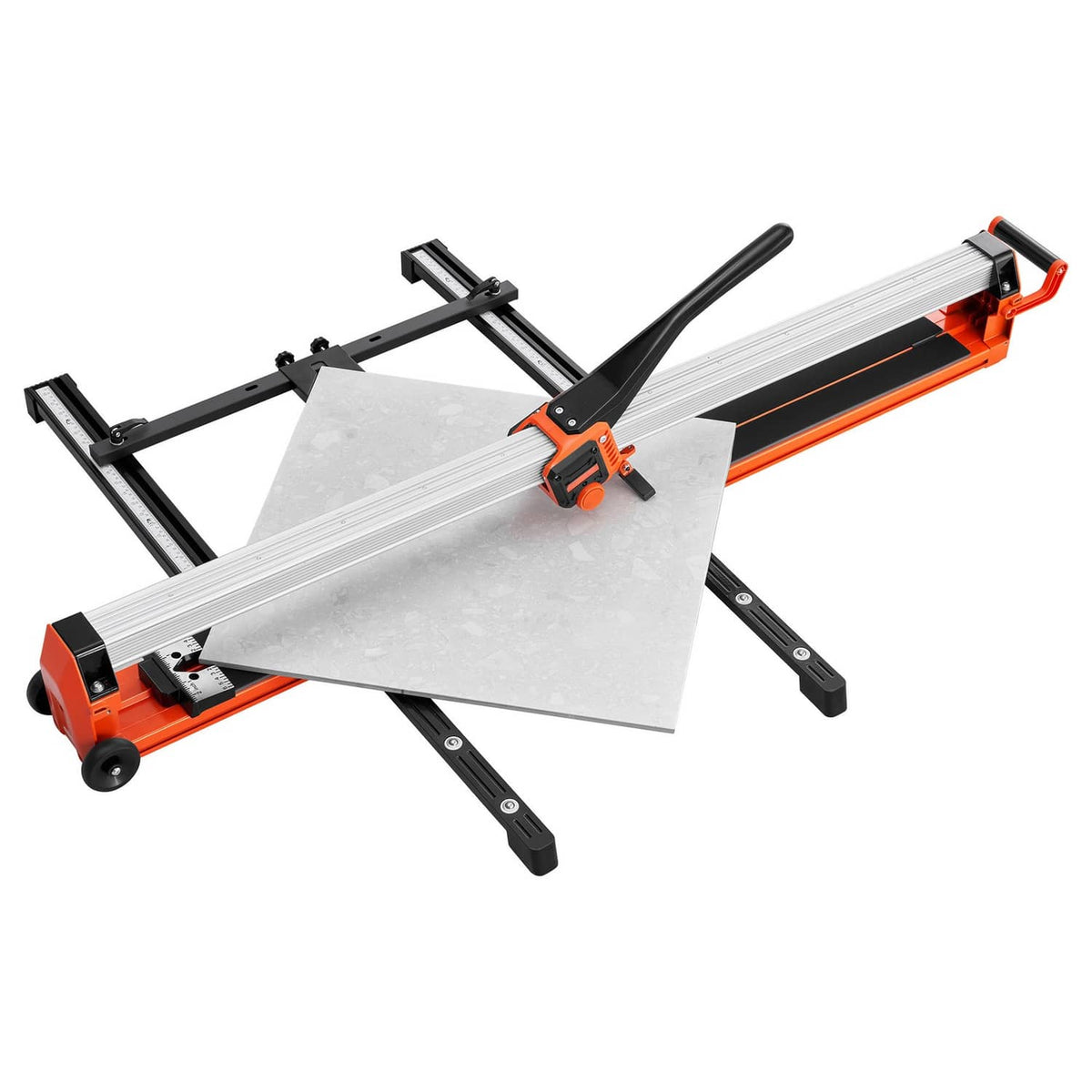 Manual tile cutter with orange and black frame, sliding head, includes guide rails